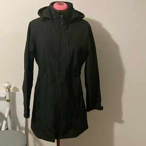 CREATMO US lightweight mid thigh black jacket Size Large with a zipper hood.